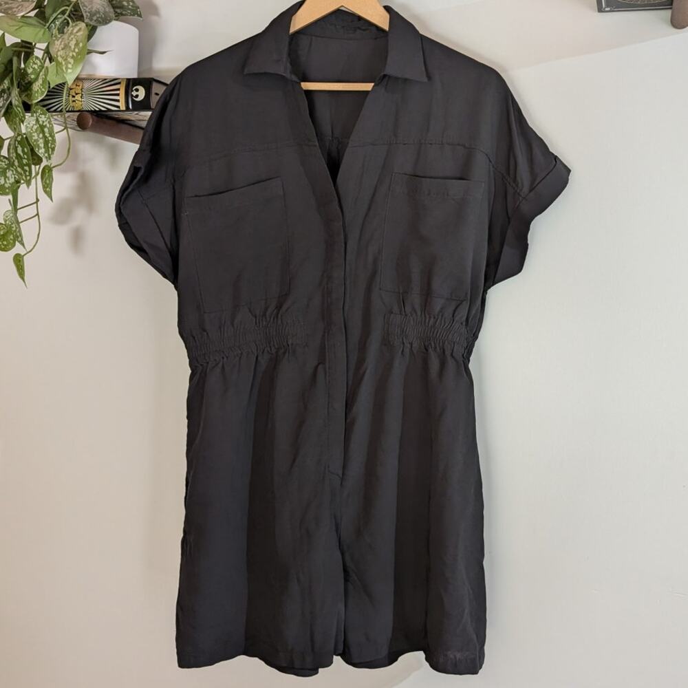 Black Utility Snap Front Collared Romper | XL